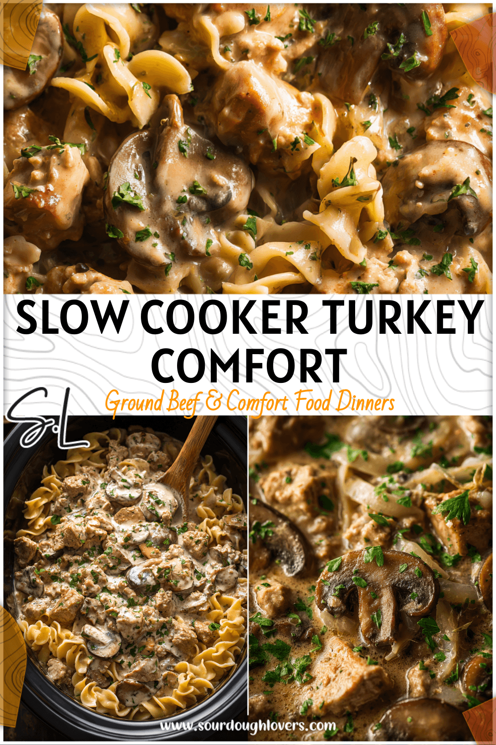 Creamy Turkey Stroganoff cooking in a crockpot with mushrooms and noodles for an easy turkey dinner.